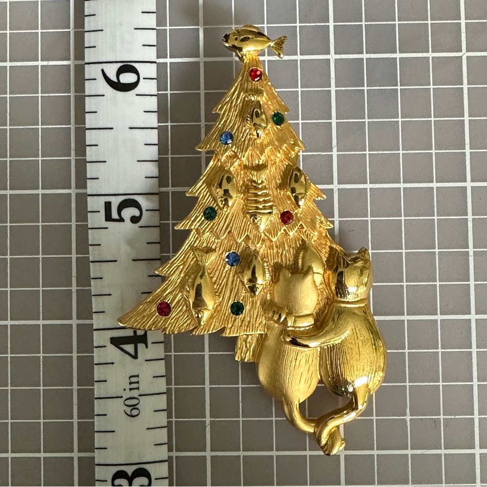 Signed Vintage JJ Christmas Tree Two Cats Brooch | Pin - Picture 6 of 6